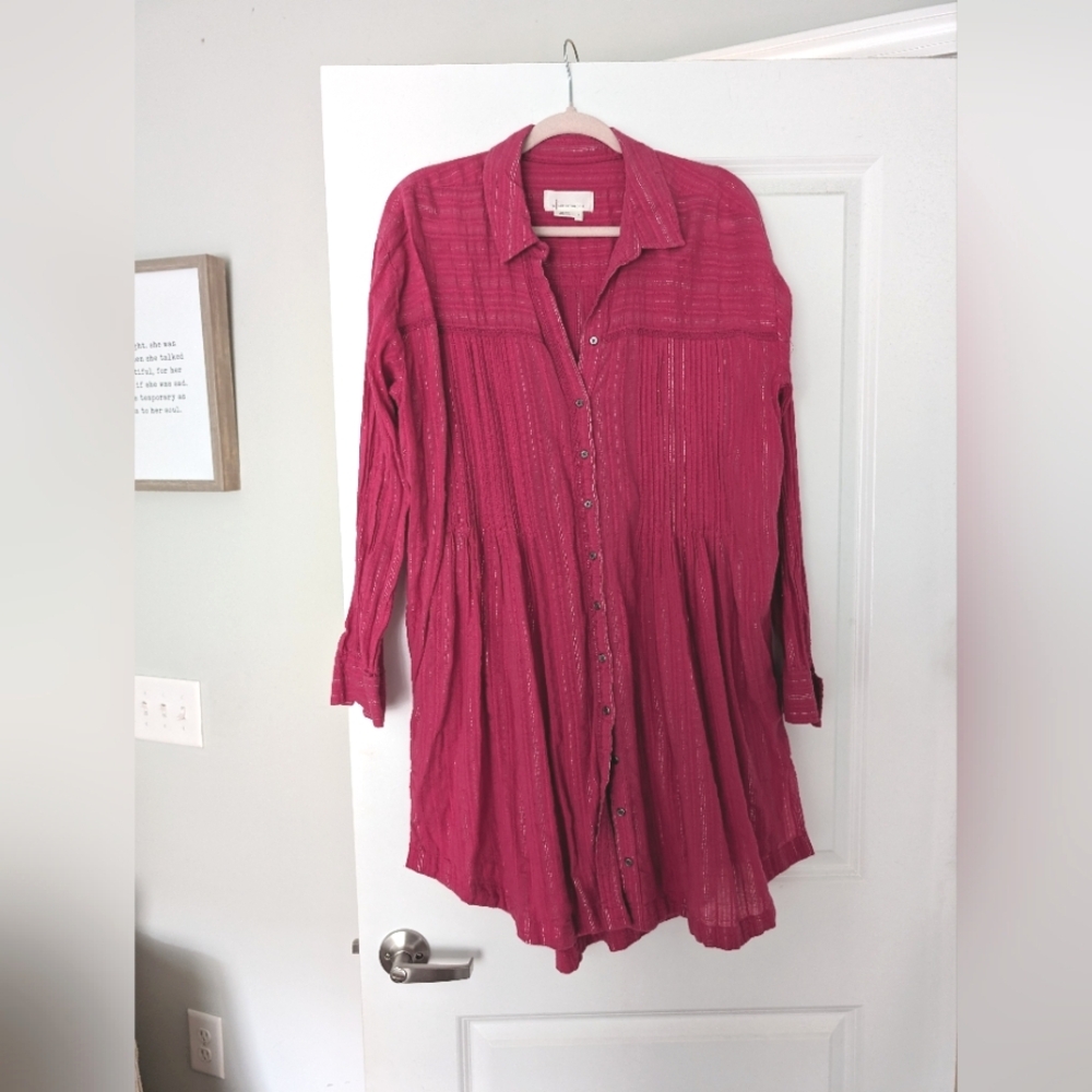 Anthropologie Pink Tunic Button Down Blouse